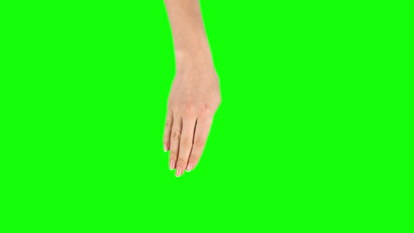 Female Hand Performing 3x Swipe Down at Tablet Screen Gesture on Green Screen. Close Up