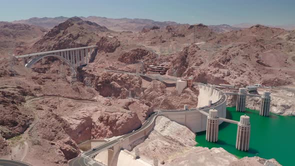 Aerial View Over the World Famous Hoover Dam and the Colorado River Bridge. Nevada, Arizona, USA. alt