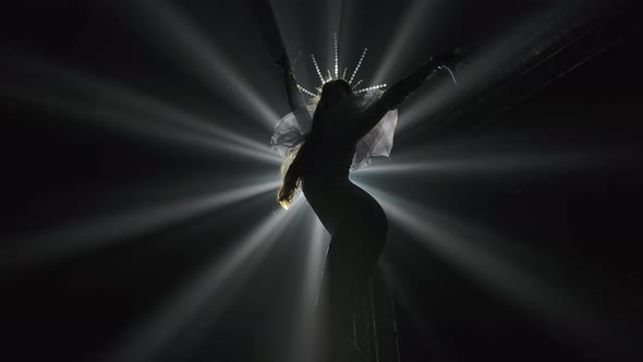 Bottom View of a Black Silhouette of a Slender Woman Dancing in the Rays of Spotlights. Slow Motion.
