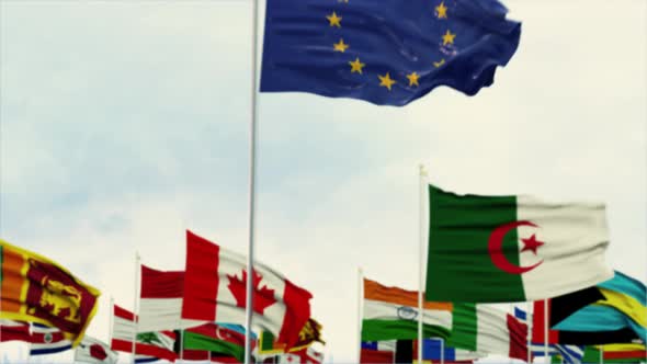 Europe Flag With World Globe Flags Morning Shot alt
