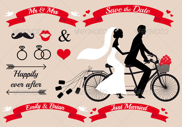 Wedding Couple On Tandem Bicycle, Vector
