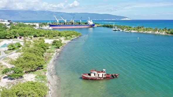 Tranquil Scenery At Barahona Port In Dominican Republic - aerial drone shot