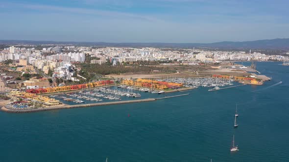 Aerial View of the Portuguese Marina Bay in the Tourist Town of Portimao Yacht Boats of Luxury