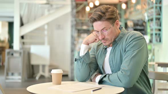 Middle Aged Man Thinking and Reading Documents in Cafe