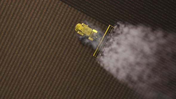 Shooting from drone flying over tractor with harrow system