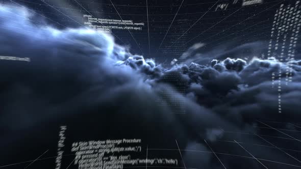 Digitally generated video of data processing against night sky with clouds in background