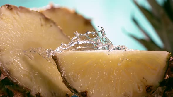 Slow Motion Shot of Pineapple and Water Splashing Through Pineapple Slices