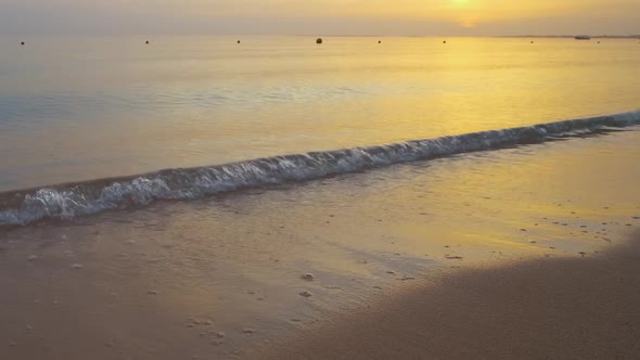 Calm Sea Shore with Crushing Waves on Sandy Beach at Sunrise