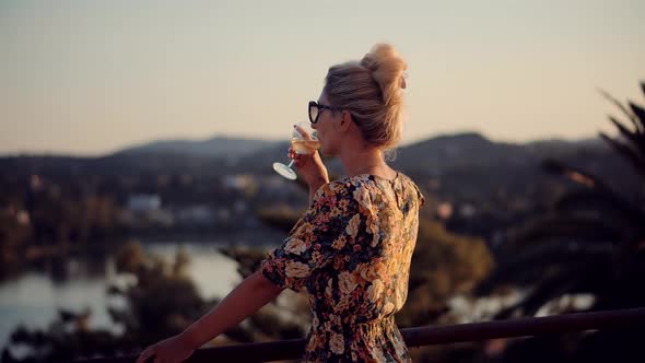 Chilled Lady Drinking White Wine. Woman Celebration Glass Of Champagne. Calm Sunset Enjoy Weekend.