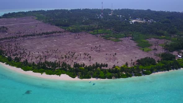 Drone view scenery of marine island beach wildlife by water and sand background