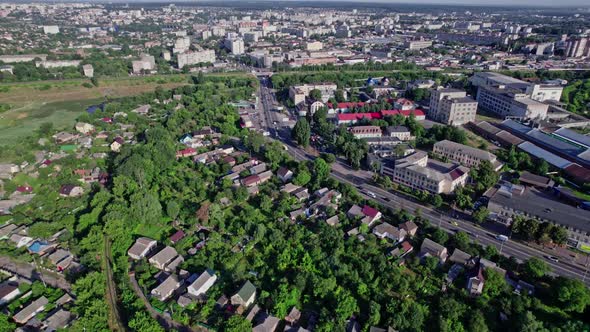 Aerial View of Empty Doubletrack Railway Line Leading Through Town