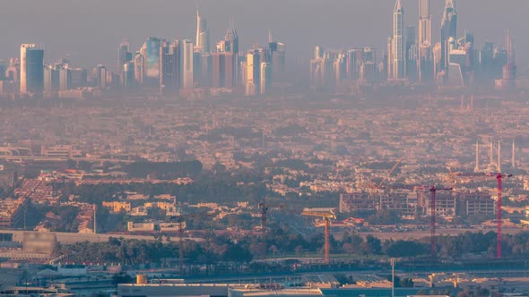 Dubai Marina and Jumeirah Beach During Sunrise with Early Morning Fog Timelapse in Dubai United Arab