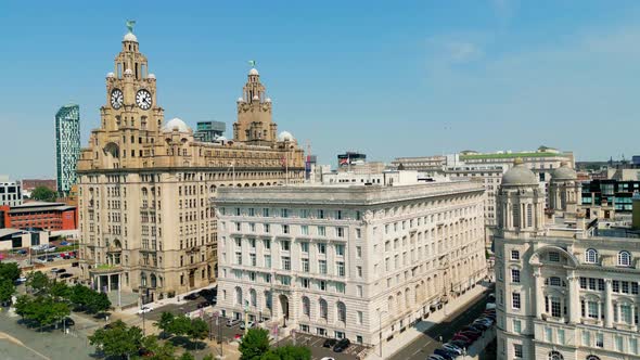 Aerial View Over Pier Head and the Royal Liver Building in Liverpool  Travel Photography