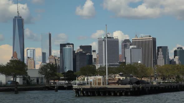 View of the New York City Skyline while floating the East River by ferry.