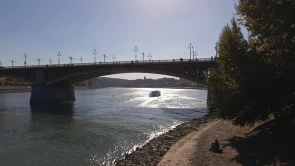 Flying under the Margaret Bridge along the River Danube