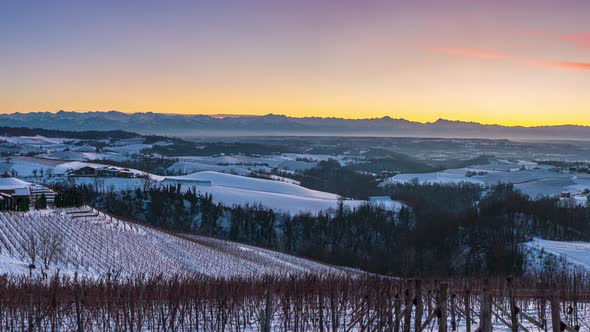 Pan: Italy Piedmont Barolo wine yards unique landscape winter sunset