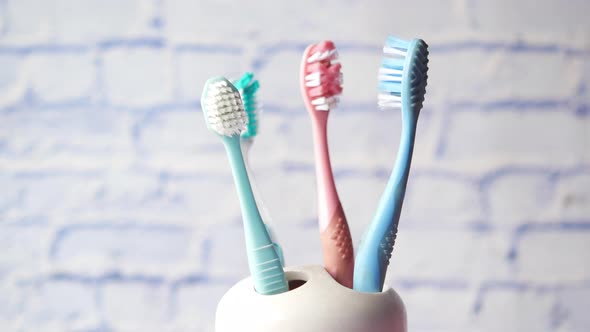 Colorful Toothbrushes in White Mug Against a Wall