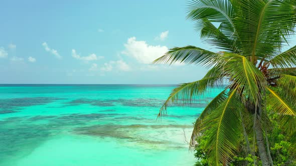 Beautiful above abstract view of a white sand paradise beach and aqua blue ocean background in color