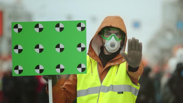 Man Gasmask Hand Gesture. Stop Environmental Pollution. People Look at Camera