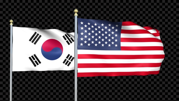 Korea South And United States Two Countries Flags Waving