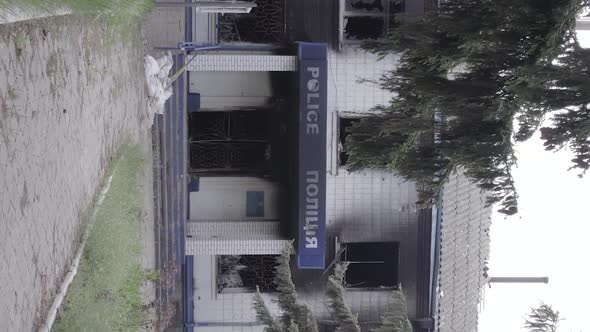 Vertical Video of a Destroyed Police Station During the War in Ukraine