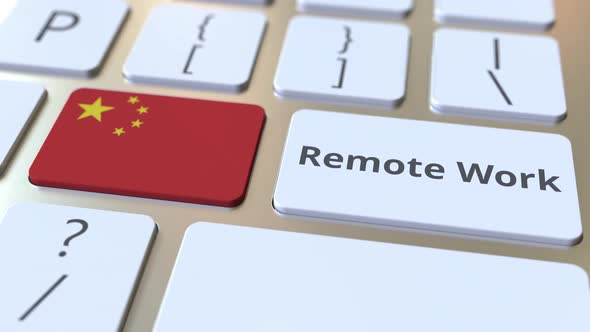 Remote Work Text and Flag of China on the Computer Keyboard