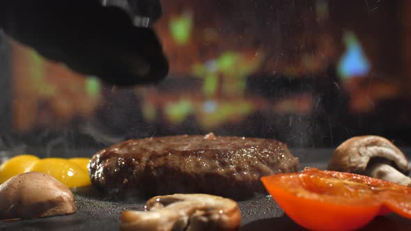 Hamburger Patty On Teppanyaki Grill At Home