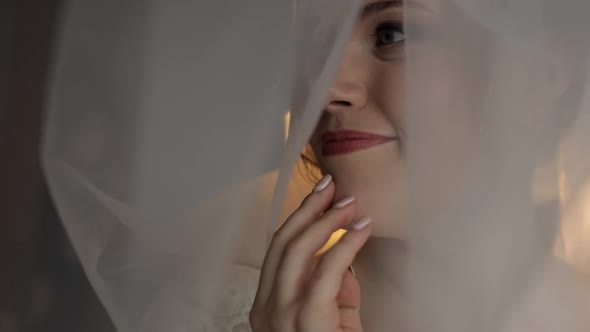 Lovely Portrait of Bride Under Veil. Face Close-up. Pretty Gorgeous Woman. Wedding. Face Close-up.