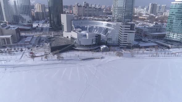 Aerial view of modern glass facade buildings in Ekaterinburg city. Russia, winter, sunny day 10