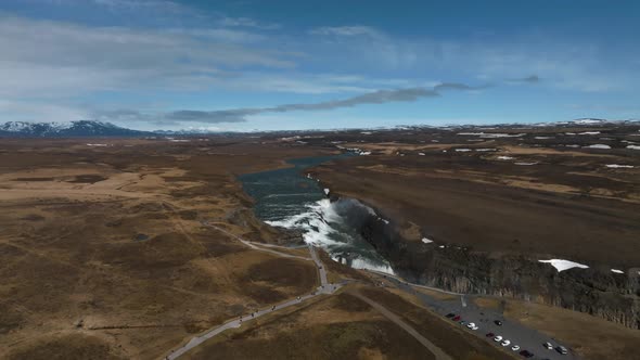 Panoramic Aerial View of Popular Tourist Destination  Gullfoss Waterfall