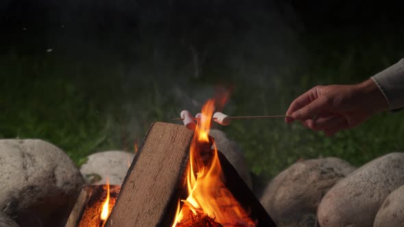 Woman Hand Roasts Marshmallows on a Campfire Closeup