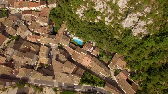 Aerial travel drone view of Balazuc, Southern France.