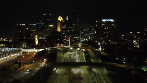 Minneapolis downtown at night aerial view seen from South