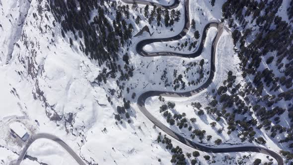 Aerial drone flight over Kaunertaler Gletscherstrasse in winter