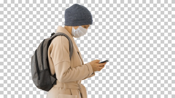 Female Wearing Medical Mask Walking, Alpha Channel