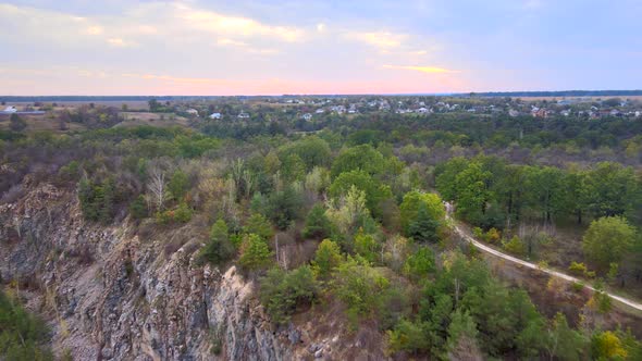 Aerial Drone View of Career in Europe, Crushed Stone Quarry at Summer Sunset