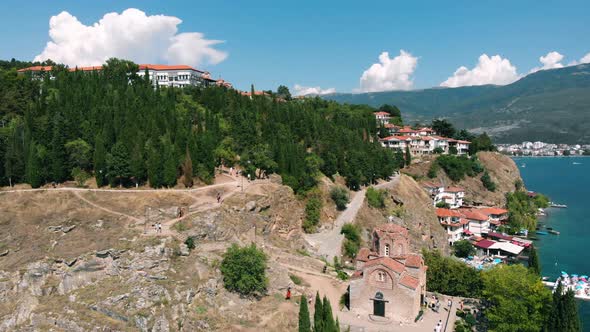 Macedonia Landmark - Historic Orthodox Church At Lake Ohrid. Aerial shot.