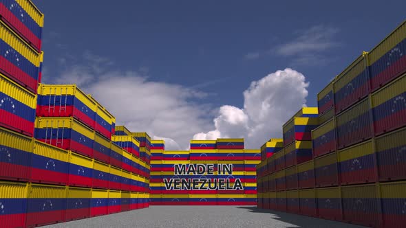 Containers with MADE IN VENEZUELA Text and National Flags