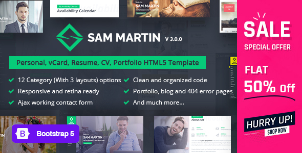 Sam Martin - Personal vCard Resume HTML Template