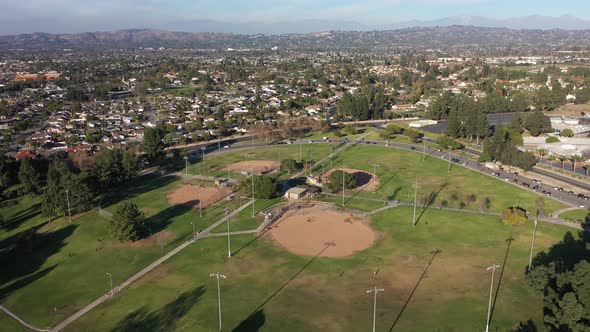 Flying towards the baseball fields at the La Mirada Regional Park.