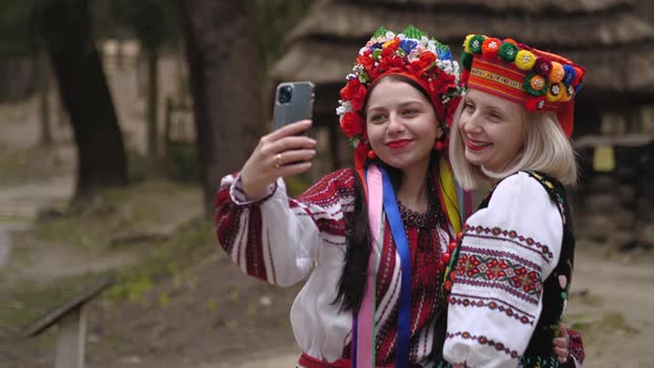 Girls in Ukrainian National Costumes Take Selfies