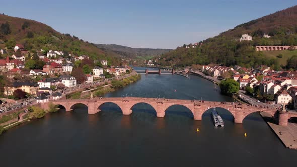 Beautiful Flight on The Quadcopter Over the River Neckar in The City of Heidelberg