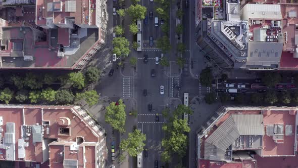 Vehicles Driving Through an Intersection in Barcelona City Bird's Eye View