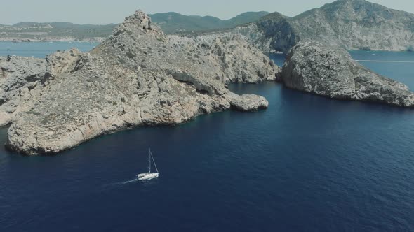 Aerial View of Yacht Near Ibiza Es Vedra and Vedranell Islands