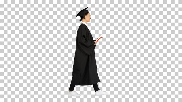 Happy female student in graduation robe, Alpha Channel