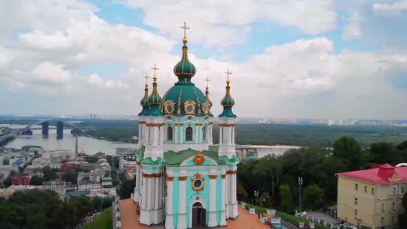 Aerial Top View of Saint Andrew's Church and Andreevska Street From Above in Kiev Ukraine