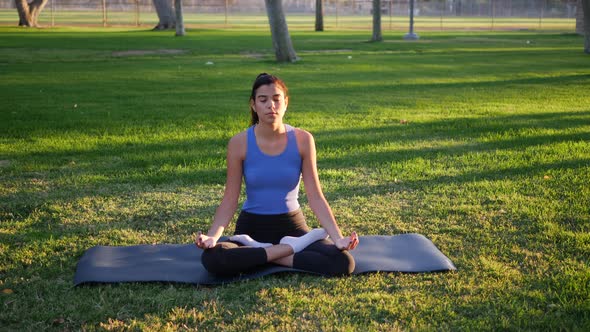 Beautiful young woman sitting in lotus  position on her yoga mat in meditation during sunrise in a g
