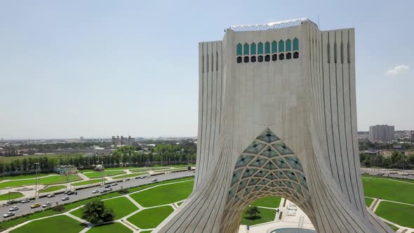 Aerial drone view of the Azadi tower in Tehran. Iran 2018, may. A monument located at Azadi Square.