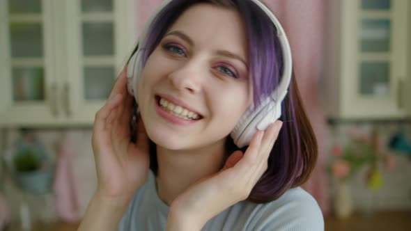 Young Beautiful Woman Dancing Kitchen At Home In Headphones