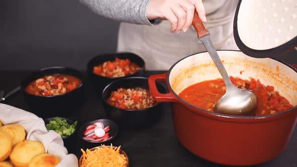 Step by step. Serving turkey chili from enameled cast iron covered dutch oven.